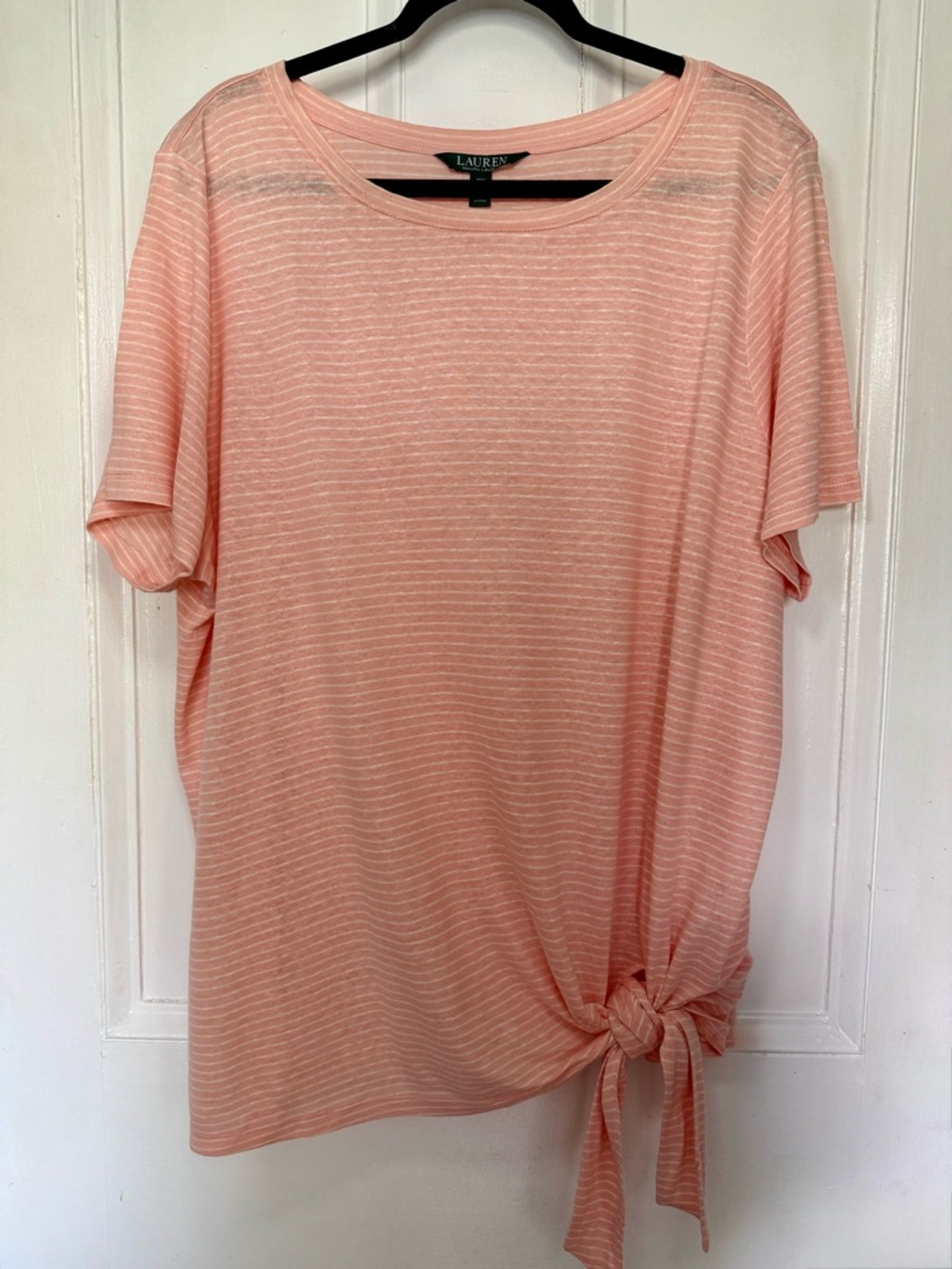 Lauren Ralph Lauren Peach Striped Linen Blend Tie-Front Top - 2X